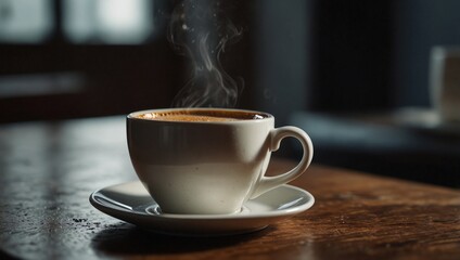 photo of a cup of warm coffee on the table in the morning made by AI generative