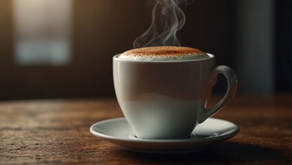 Obraz premium photo of a cup of warm coffee on the table in the morning made by AI generative