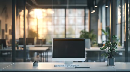 Modern Office Desk with Computer, Keyboard, and Plant