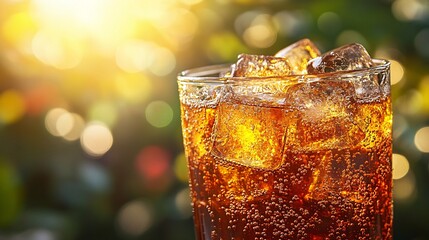 A glass of sparkling soft drink with ice cubes floating, close-up view capturing the fizz and coolness on a sunny day