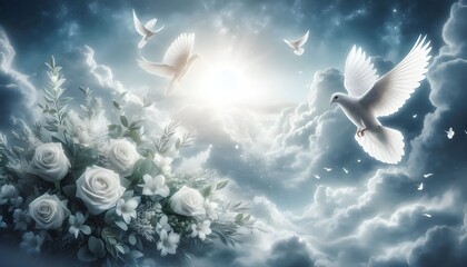 sky funeral background with white dove, copy space for text