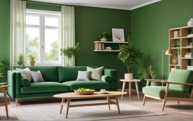 Green sofa and chair against green wall with book shelf. Scandinavian home interior design of modern living room with greenery