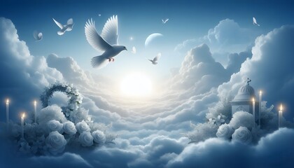 sky funeral background with white dove, copy space for text