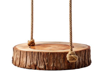 A close-up of a wooden stump with a smooth, flat top surface and rough, textured bark. Two thick ropes are tied to the top of the stump, forming a swing seat. The ropes are made of natural, unbleached