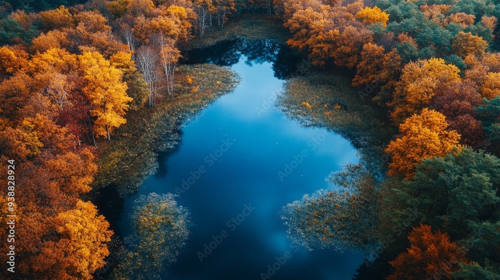 Poster a large body of water surrounded by trees with leaves of various colors