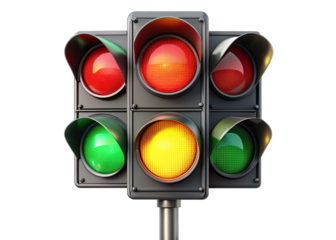 A set of three traffic lights are isolated against a white background. The lights are black with three circular lights in each. The top light is red, the middle light is yellow, and the bottom light i