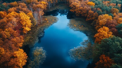 Obraz premium A large body of water surrounded by trees with leaves of various colors