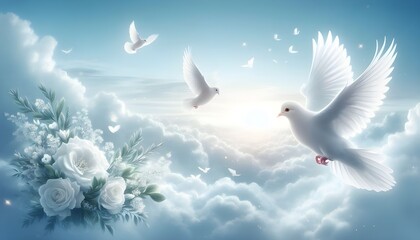 sky funeral background with white dove, copy space for text