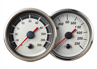 Two circular speedometers, one with a white face and black markings and the other with a black face and white markings, are pictured against a white background. Both have red needles pointing at diffe
