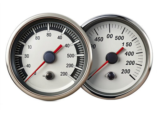 Two circular speedometers, one with a white face and black markings and the other with a black face and white markings, are pictured against a white background. Both have red needles pointing at diffe - Powered by Adobe