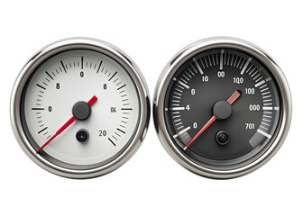 Two circular speedometers with white and black faces and red needles sit against a white background. The speedometer on the left has a white face with black markings and a red needle.