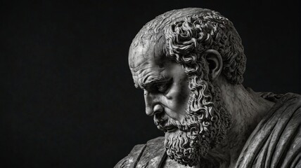 Black white portrait bust ancient Greek philosopher statue a sad
