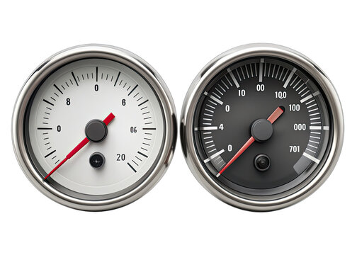 Two circular speedometers with white and black faces and red needles sit against a white background. The speedometer on the left has a white face with black markings and a red needle.