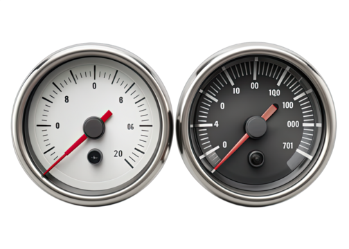 Two circular speedometers with white and black faces and red needles sit against a white background. The speedometer on the left has a white face with black markings and a red needle.