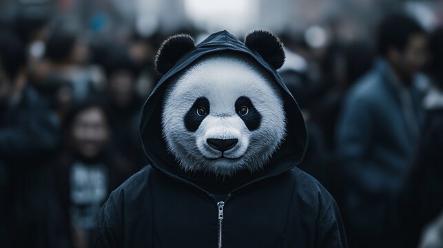 Panda Masked Figure in Crowded Urban Setting
