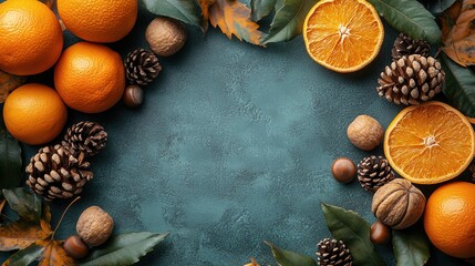 Autumn frame with dried oranges, fallen oak leaves, acorns, and walnuts on a vintage green background. Thanksgiving card mockup, flat lay top view, with copy space.