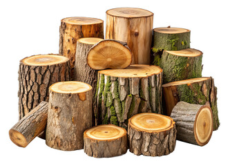 A group of wooden tree log trunks and stumps are stacked on top of each other against a black backdrop. The logs are all different sizes and shapes, and some have moss growing on them