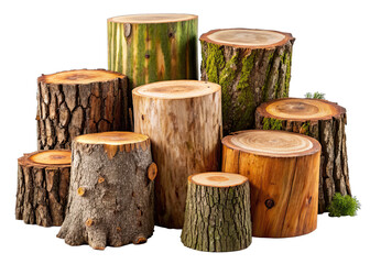 Fototapeta premium A group of eight tree trunks, cut into circular sections, sit on a black background. Each stump has a unique bark pattern and shows different levels of weathering. A few sections have moss growing on 