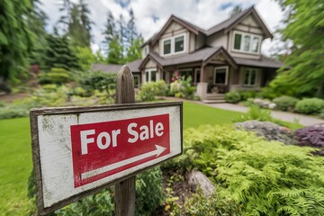 House for sale. "FOR SALE" sign in front of a beautiful home, focusing on the for sale sign with a blurred background of the house exterior and landscaping.