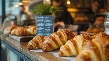 A display of croissants on a counter with a sign that says "Freshly Baked"