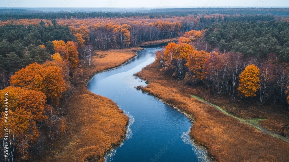 Poster a river with trees on both sides and a blue sky in the background