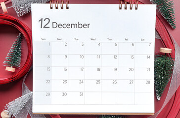 December 2024 calendar schedule , Top view shot featuring calendar with December month, little...