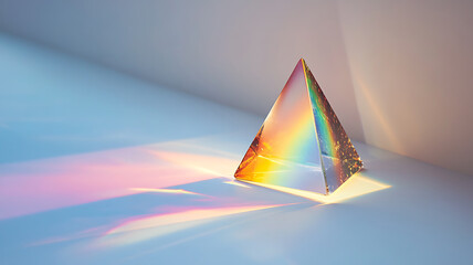 A single prism splitting light into a rainbow on a white background, with sharp contrast between the white light and the vivid spectrum, symbolizing diversity beyond binaary limit.