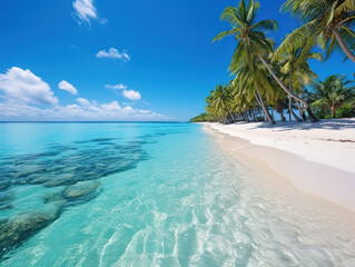 Excellent Paradise Awaits Sandy Beach with Turquoise Water and Blue Sky