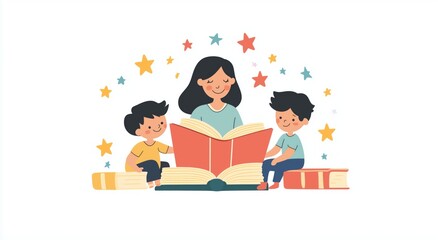 Flat design illustration of a teacher reading to children, woman sitting on the floor with books and kids, surrounded by scattered books and floating yellow stars, magical and educational