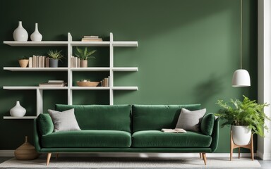 Green sofa and chair against green wall with book shelf. Scandinavian home interior design of modern living room with greenery