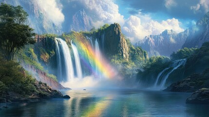 Naklejka premium Majestic Waterfall with Rainbow in a Lush Mountain Valley