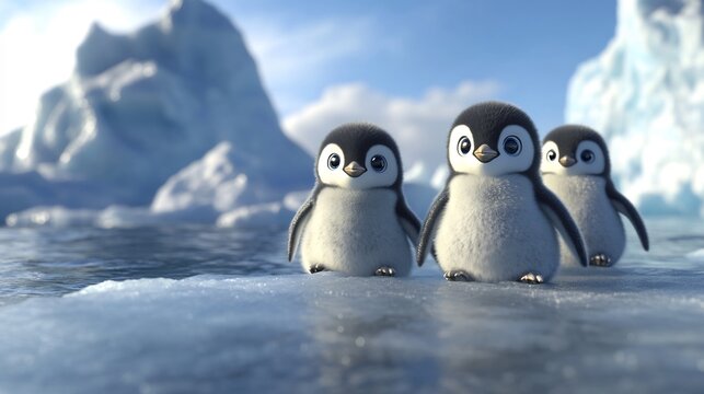 3D renderingThree Adorable Baby Penguins Standing on Ice in a Snowy Landscape - Powered by Adobe