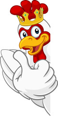 A chicken rooster cockerel bird cartoon character in a kings gold crown peeking around a sign and giving a thumbs up