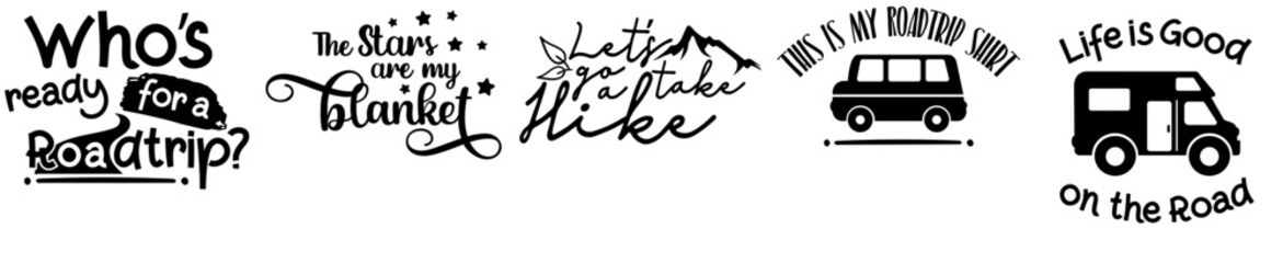 Modern Camping Typographic Emblems, Invitation Set Vector Illustration for Announcement, Mug Design, Greeting Card