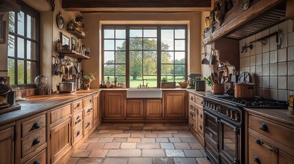 A warm and inviting kitchen interior with wooden cabinets, natural light, and a scenic view of the outdoors.