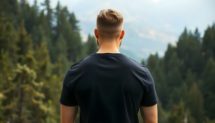 Fototapeta premium mock up of a man wearing a plain black t-shirt from behind, with a mountain forest background with dense green trees