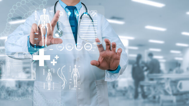 Medical technology concept, Doctor using finger touching screen for medical diagnostic analysis on modern virtual screen network connection, Body human anatomy on technological futuristic.