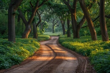Naklejka premium A winding dirt path through a dense forest, bathed in soft, golden sunlight.