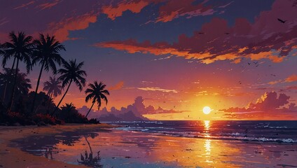 illustration of sunset view from beautiful beach with many coconut trees made by AI generative