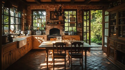 Fototapeta premium Cozy rustic kitchen with wooden furniture, natural light, and charming decor, perfect for family gatherings and cooking.