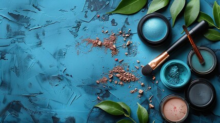 Beauty salon banner template with makeup products on blue background, top view, with copy space.