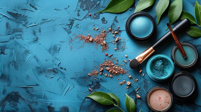 Beauty salon banner template with makeup products on blue background, top view, with copy space.