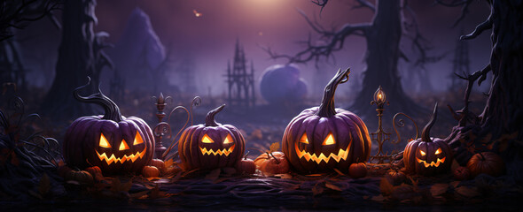Halloween theme evil pumpkin castle illustration, wallpaper, card, poster background