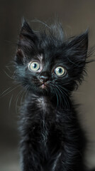  A humorous and endearing photo portrait of a grotesque black kitten with wild, crazy hair and strange, wide eyes. The kitten’s disheveled fur and quirky expression create a funny yet irresistibly cut