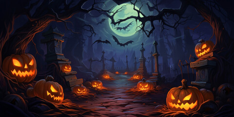 Halloween theme evil pumpkin castle illustration, wallpaper, card, poster background