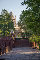 Beautiful architecture of Jaswant Thada cenotaph, in memory of Maharaja Jaswant Singh II, intricately carved sheets of Makrana marble, Jodhpur, Rajasthan, India, Asia.