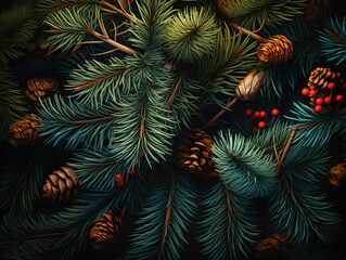 Superb Background with realistic looking christmas tree branches and red holly berries