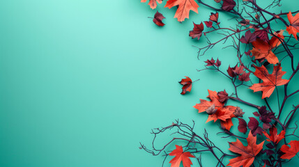 A green background with a bunch of red leaves on it. The leaves are scattered all over the background, creating a sense of movement and life