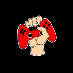 Illustration of a hand holding a red game controller on a black background