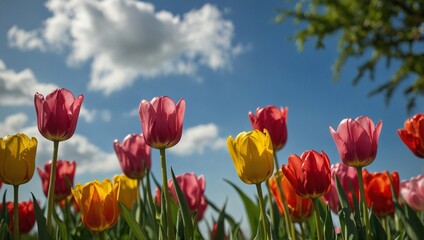 photo of beautiful tulip flower garden scenery in the morning made by AI generative